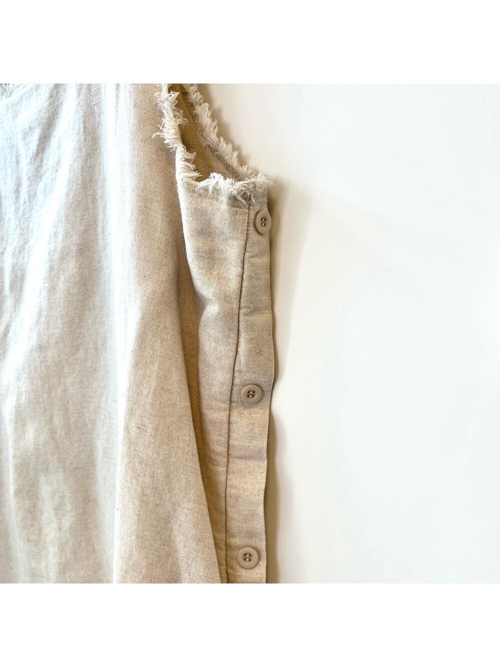 Lost in Lunar Linen Cotton Shift Dress Fringe Trim, Beige Oatmeal Sleeveless, S - Picture 7 of 16